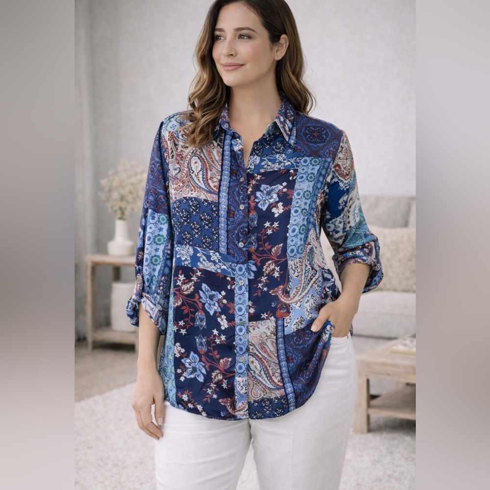 Haver & Blair London Women’s Patchwork Button Front Roll Tab Shirt Blue Size XL